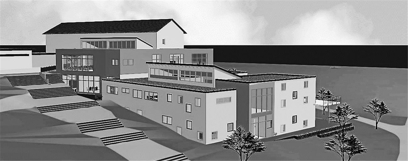So stellt sich Planer Günter Brecht den Anbau an die Grundschule mit seinen verschiedenen Teilen in einer Arbeitsvisualisierung vor.