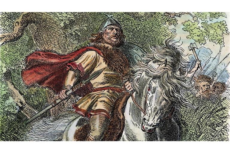 So stellten sich Historienmaler in 19. Jahrhundert den Germanenfürst Arminius hoch zu Ross während der Varusschlacht 9. n. Chr. vor.