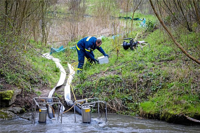 Sören Galster vom Technischen Hilfswerk installiert die beiden Pumpen, die pro Minute jeweils 3000 Liter Wasser aus der Murr in das Biotop pumpen. Foto: Alexander Becher