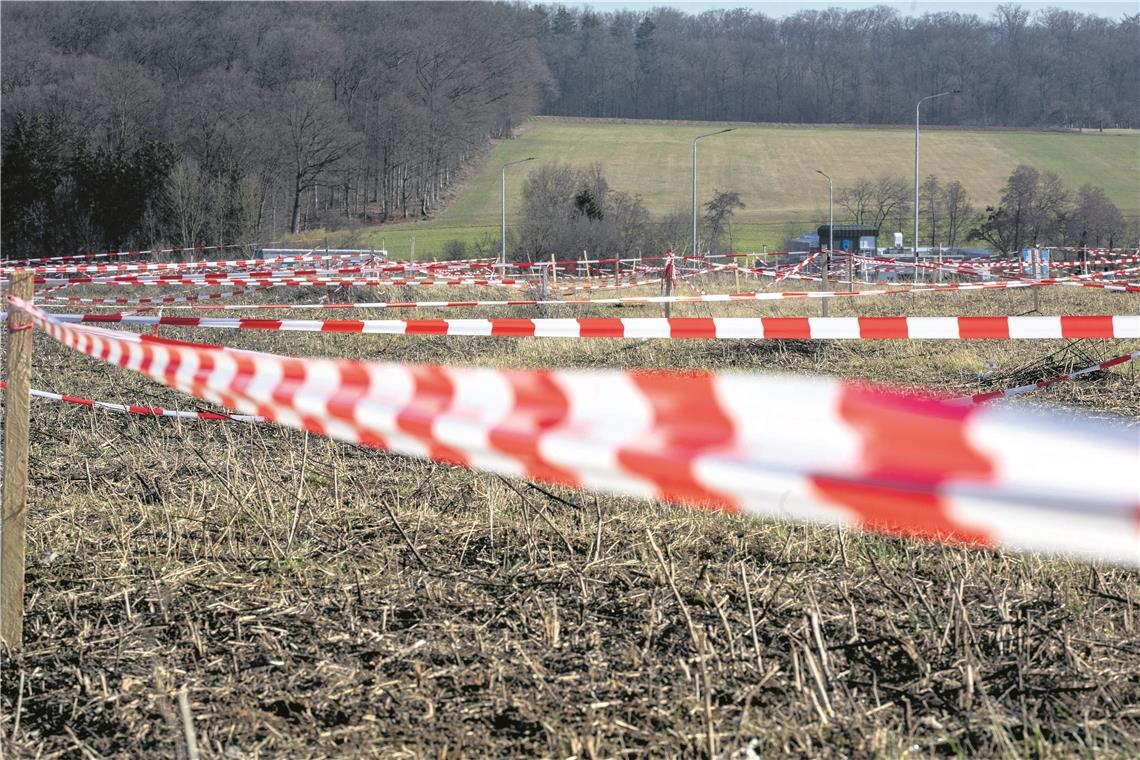 Keine Lerchen in den Lerchenäckern Soll verhindern, dass sich Lerchen willkommen fühlen: Ein großflächiges Netz an Absperrbändern, das zwischen Pflöcke gespannt ist. Foto: A. Becher