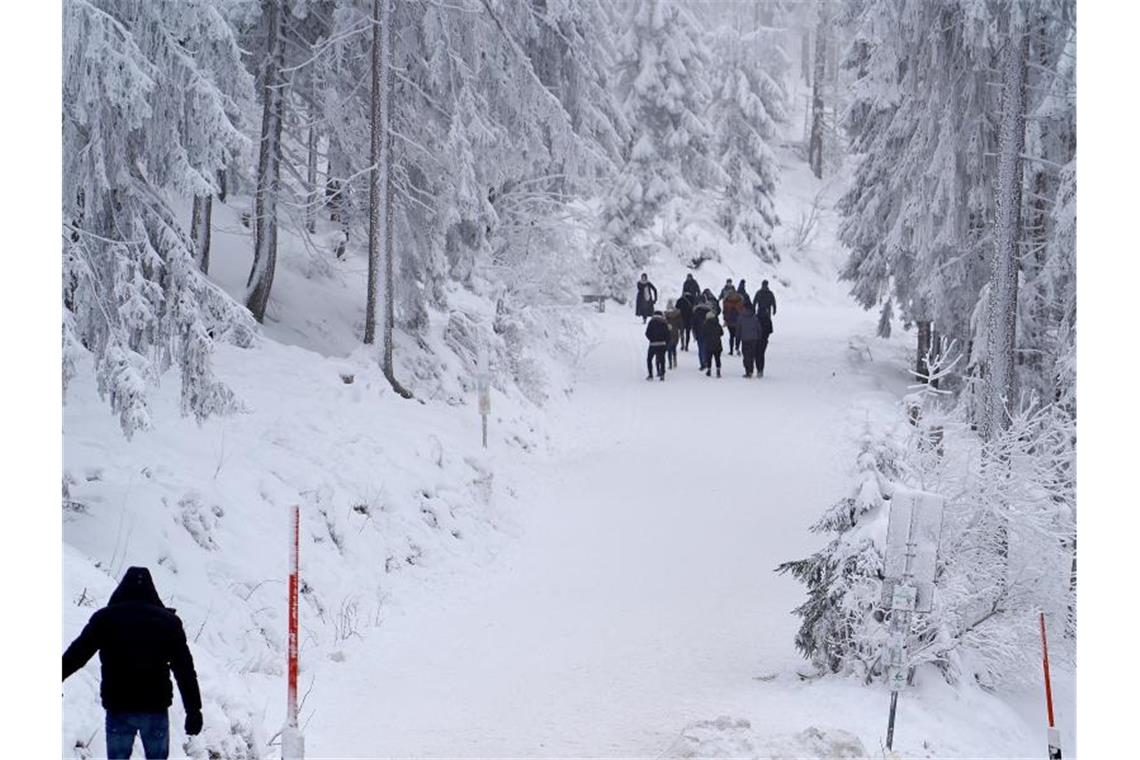 Spaziergänger gehen im Schwarzwald am Mummelsee auf einem verschneiten Waldweg entlang. Foto: Benedikt Spether/dpa/Archivbild