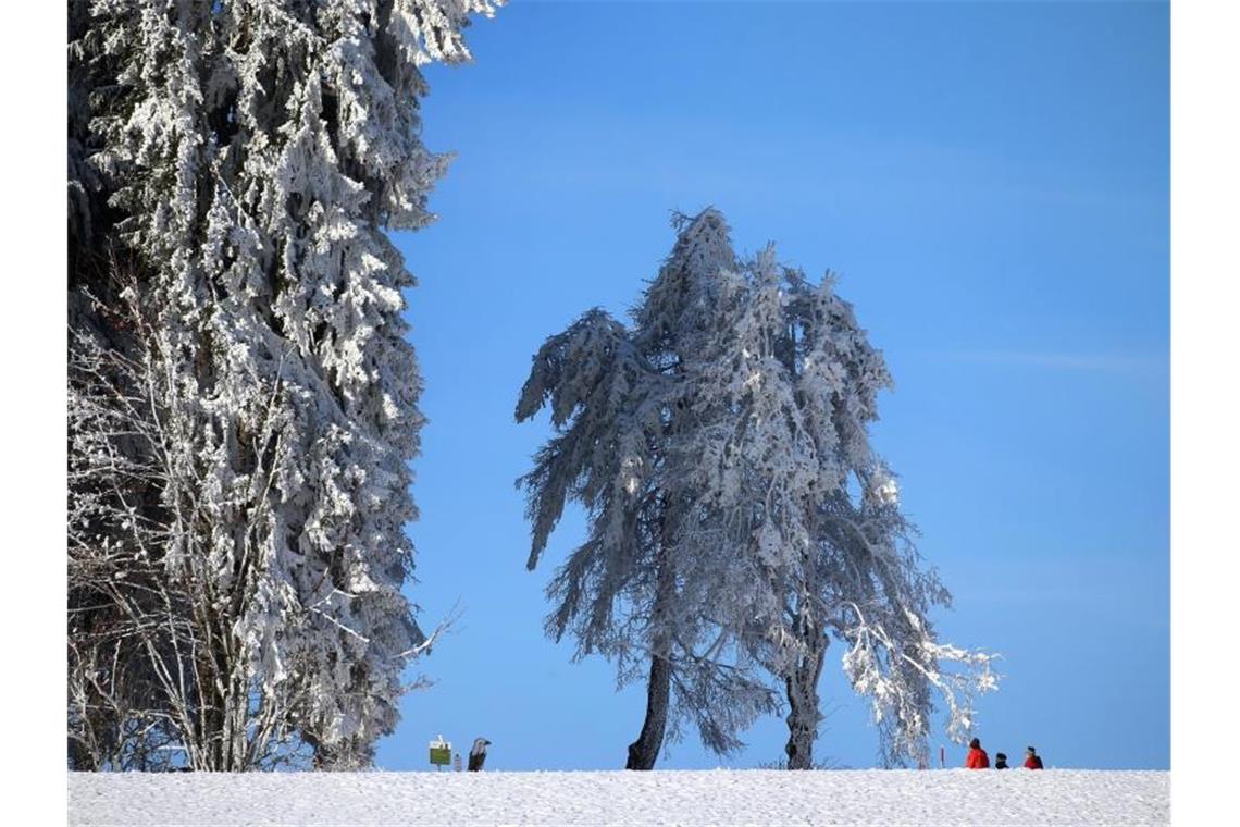 Spaziergänger gehen im Sonnenschein durch die verschneite Winterlandschaft im bayerischen Oy-Mittelberg Anfang des Monats. Foto: Karl-Josef Hildenbrand/dpa