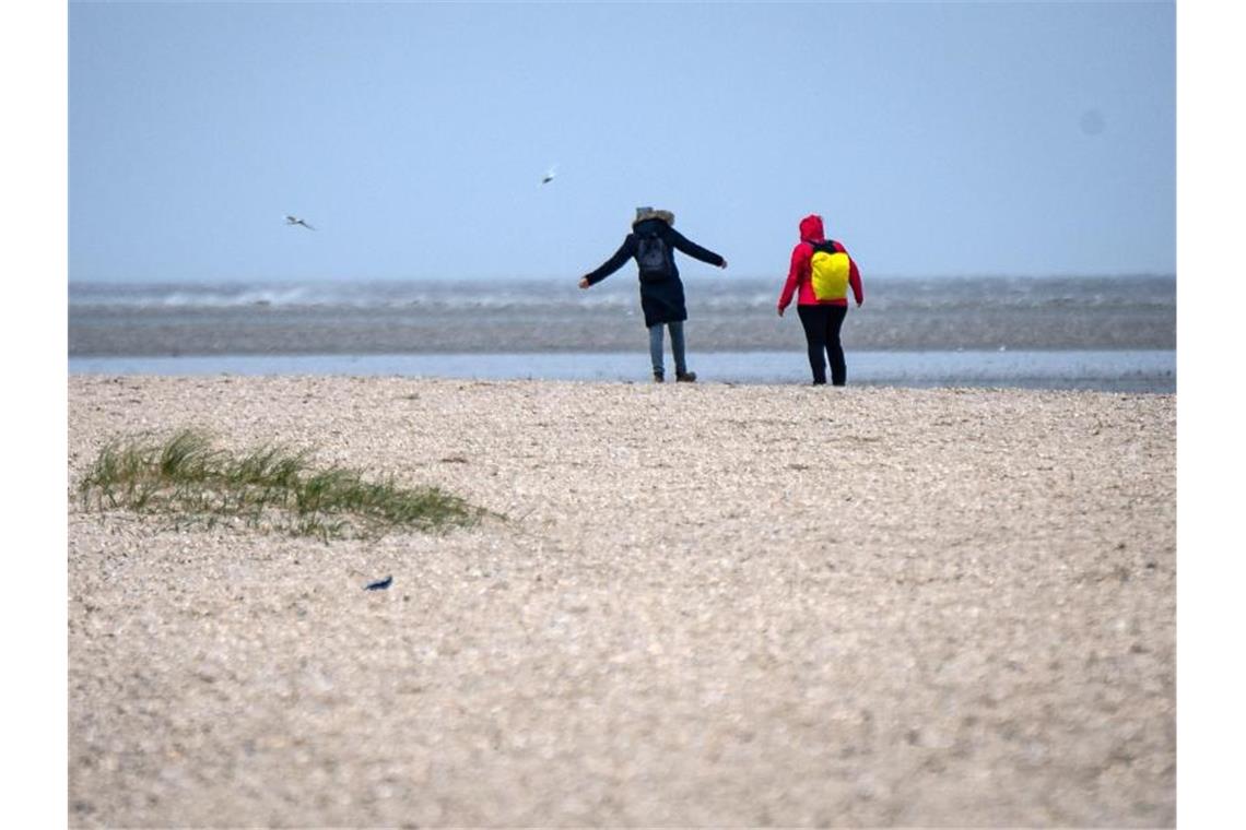 Spaziergänger laufen bei windigen Wetter über einen Strand in Niedersachsen. Foto: Sina Schuldt/dpa