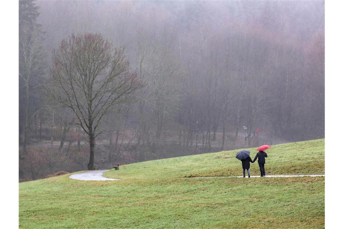Spaziergänger sind mit Regenschirmen an einem nebligen tristen Wintertag unterwegs. Foto: Rene Traut/dpa/Archivbild