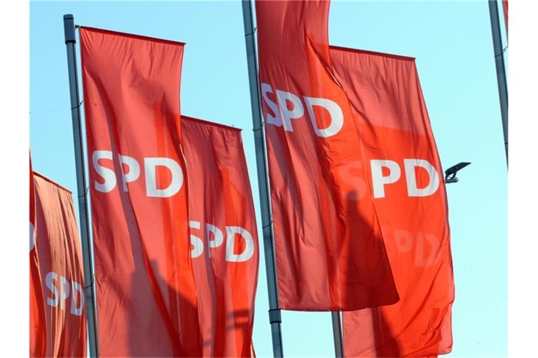 SPD-Fahnen. Foto: Patrick Seeger/Archivbild