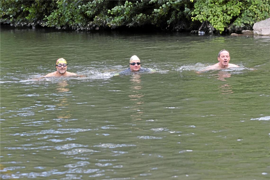 Stadtrat Karl Scheib, Triathlet Jörg Bauer und der Extremschwimmer Martin Tschepe (von rechts) in den Fluten der Murr .“ Foto: J. Fiedler