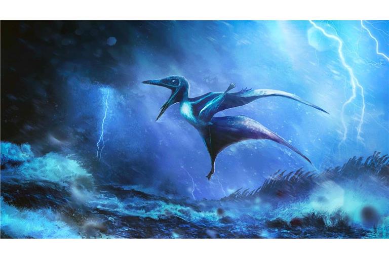 Starke Windböe brechen die zarten Knochen: Künstlerische Darstellung eines kleinen Pterodactylus-Babys in einem Tropengewitter.