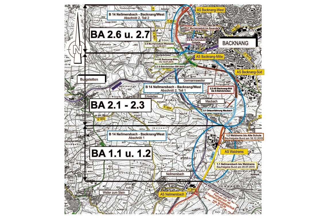 Statt in Waldrems weiterzubauen geht es jetzt mit den beiden Bauabschnitten im Norden vom Viadukt bis Backnang-West weiter. Parallel zu diesen Bauabschnitten 2.6 und 2.7 soll ab 2024 mit den Bauabschnitten 2.1 bis 2.3 sowie 1.2 begonnen werden. Karte: Regierungspräsidium