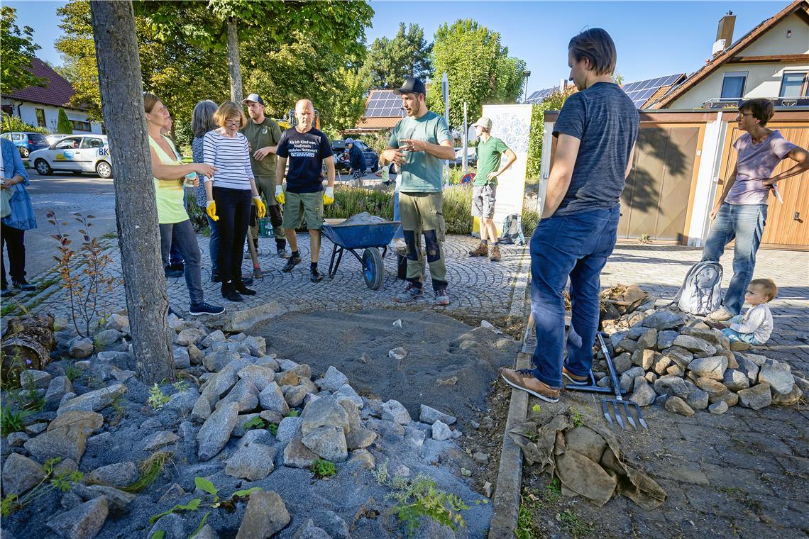 Wie aus dem Schottergarten ein Naturgarten wird Stefan Jakubaschk (Mitte) erklärt, wie man einen Schottergarten zum naturnahen Garten transformieren kann. Fotos: Alexander Becher
