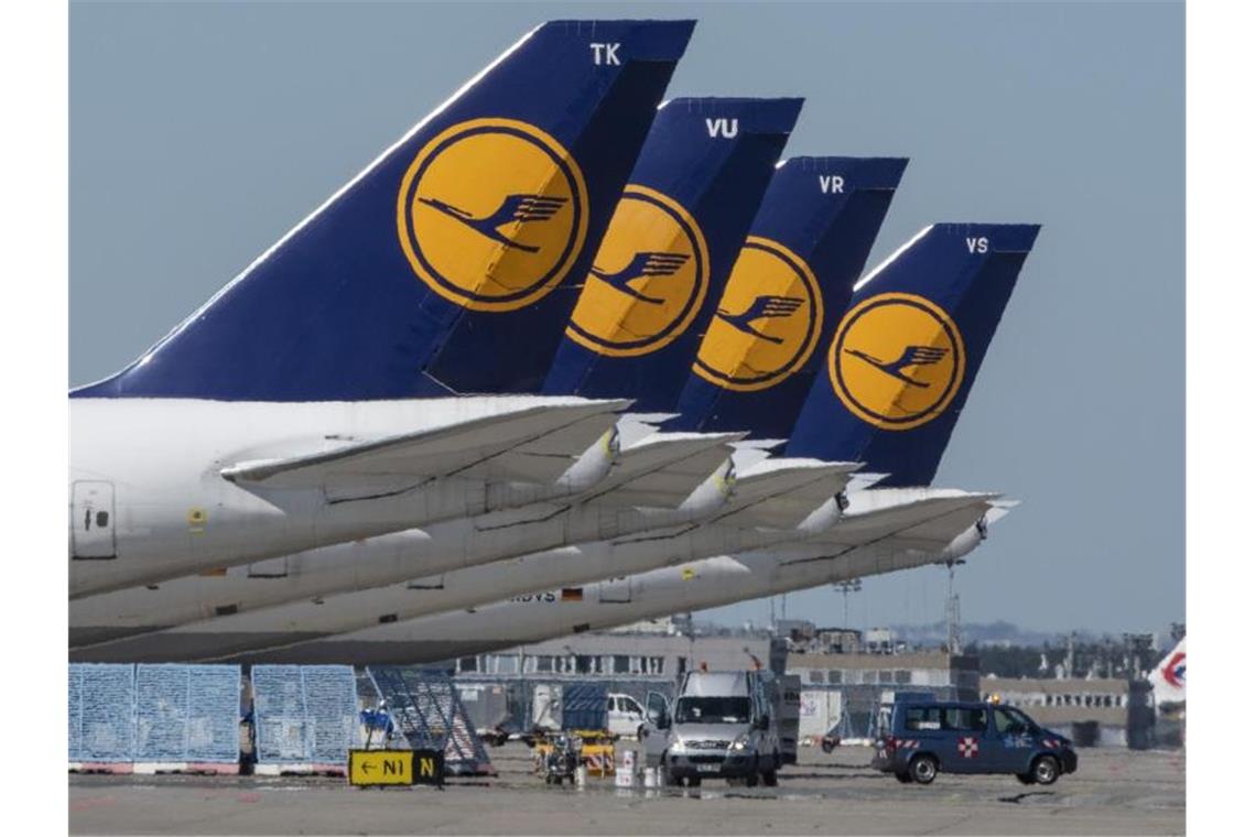 SPD-Chef für strenge Auflagen für Lufthansa-Rettung Stillgelegte Passagiermaschinen der Lufthansa stehen auf dem Frankfurter Flughafen. Foto: Boris Roessler/dpa