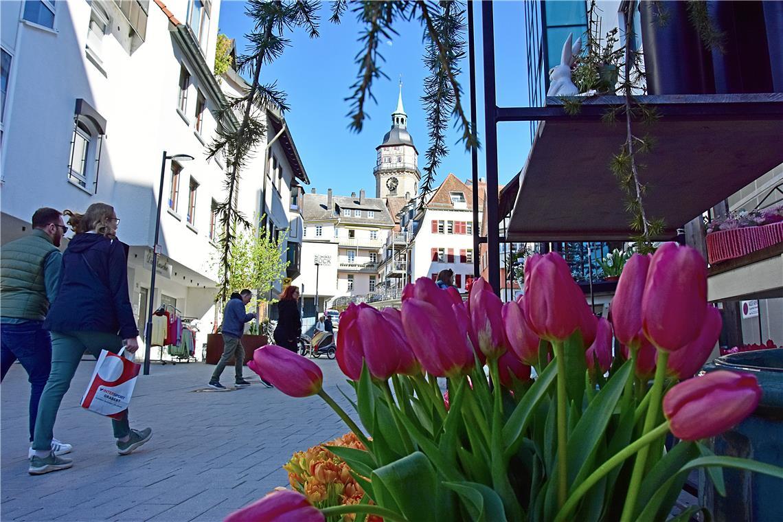 Frühlingserwachen in der Stadt beim Tulpenfrühling Strahlender Sonnenschein über dem Wahrzeichen der Stadt macht dem verkaufsoffenen Sonntag alle Ehre. .Fotos: Tobias Sellmaier