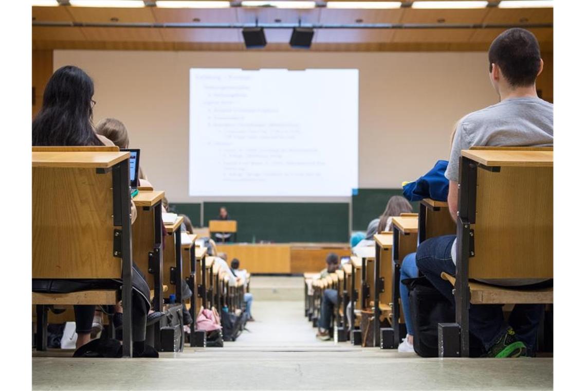 Studentinnen und Studenten sitzen während einer Vorlesung in einem Hörsaal. Foto: Sebastian Gollnow/dpa/Illustration