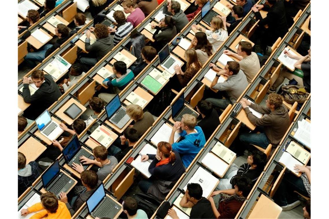 Studierende sitzen in einem Hörsaal einer Universität. Foto: Peter Kneffel/dpa/Symbolbild