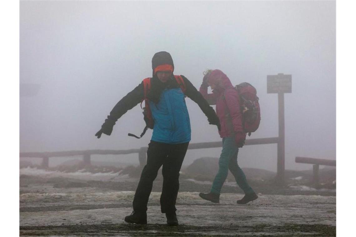 Sturmtief „Sabine“: Touristen stemmen sich gegen die Windböen auf dem Brocken. Foto: Bernd März/dpa