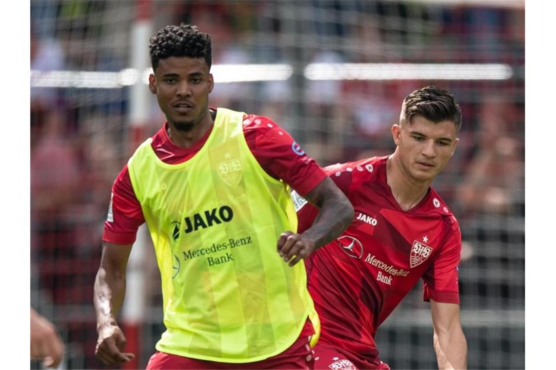 Stuttgarts Ailton Ferreira Silva (l) und Antonis Aidonis in Aktion. Foto: Fabian Sommer/dpa/Archivbild