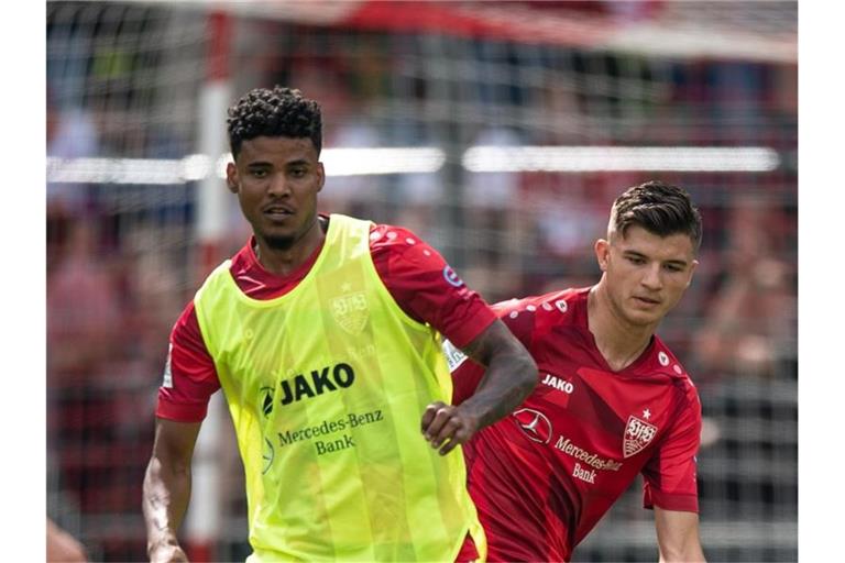 Stuttgarts Ailton Ferreira Silva (l) und Antonis Aidonis in Aktion. Foto: Fabian Sommer/Archivbild