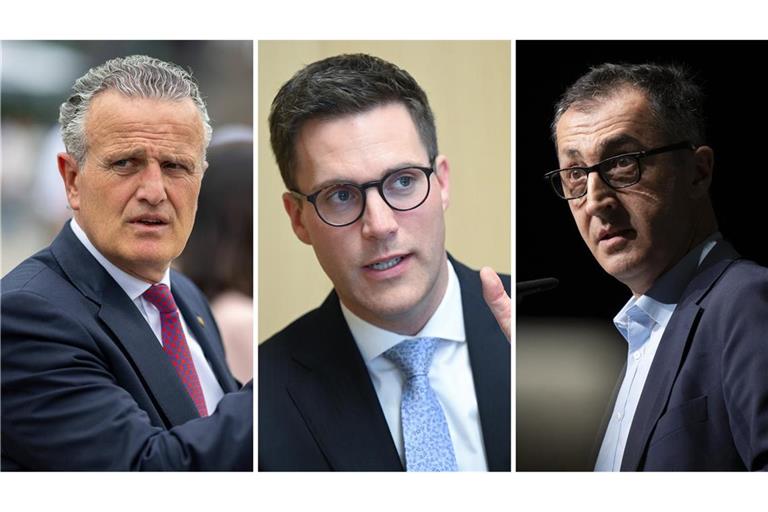 Stuttgarts OB Frank Nopper (li.) und die Spitzenkandidaten ihrer Parteien für die Landtagswahl im kommenden Jahr, Manuel Hagel (CDU, Mitte) und Cem Özdemir (Grüne, re.) – was halten die drei von Palmers Vorhaben?