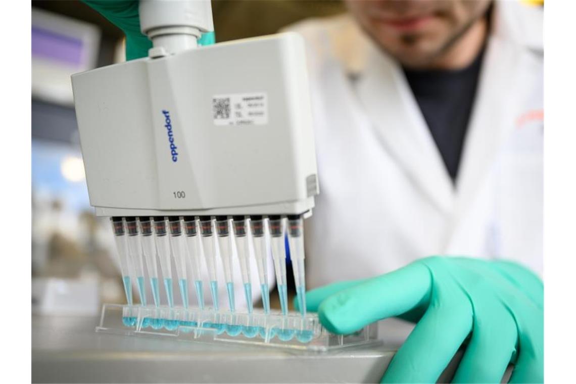 Suche nach einem Impfstoff: Ein Mann pipettiert in einem Labor des biopharmazeutischen Unternehmens Curevac eine blaue Flüssigkeit. Foto: Sebastian Gollnow/dpa