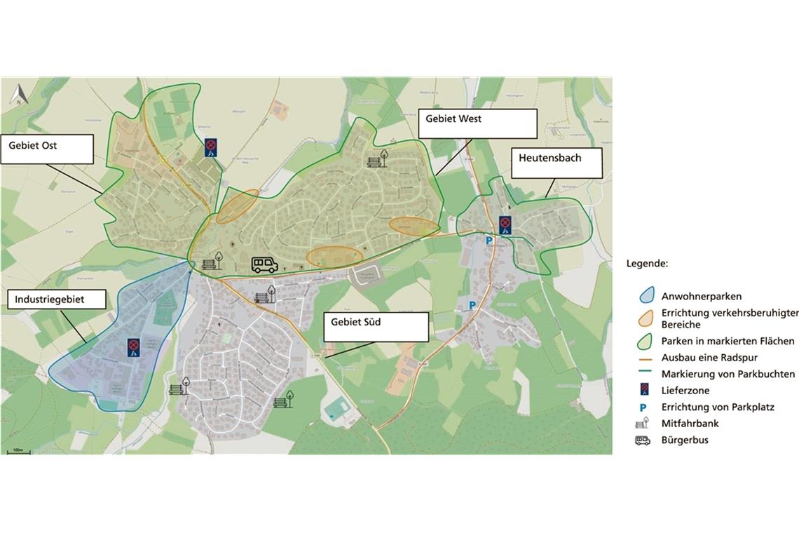 Parksituation soll entschärft werden Szenario 2 wurde eingehend diskutiert. Es sieht unter anderem vor, eine Radspur entlang der Ortsdurchfahrten und an der Allmersbacher/Heutensbacher Straße anzulegen, Ausweichparkplätze in Heutensbach zu schaffen, einen Bürgerbus einzurichten und Mitfahrbänke zu installieren.