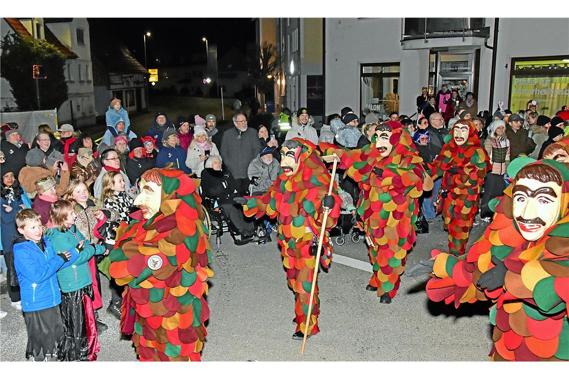 Tausende Gäste verfolgen den Umzug. Rechaspitzer der Narrenzuft Althütte. Nachtu...