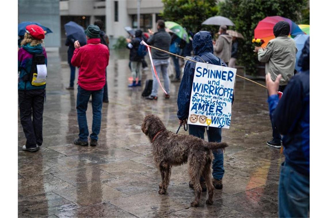 Teilnehmer auf dem kleinen Schlossplatz bei einer Demonstration gegen Corona-Beschränkungen. Foto: Christoph Schmidt/dpa