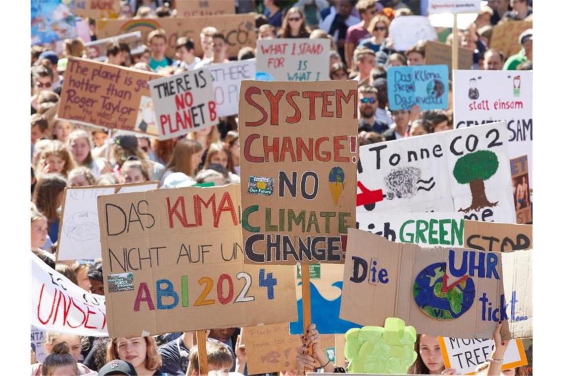 Teilnehmer der Klima-Demonstration Fridays for Future halten Plakate in die Höhe. Foto: Georg Wendt/Archivbild