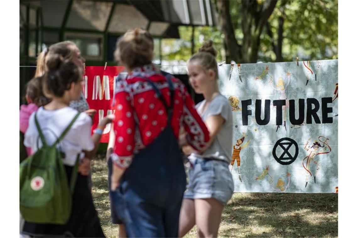 Teilnehmer des „Sommerkongresses“ der Fridays for Future Bewegung stehen im Dortmunder Revierpark. Foto: Guido Kirchner