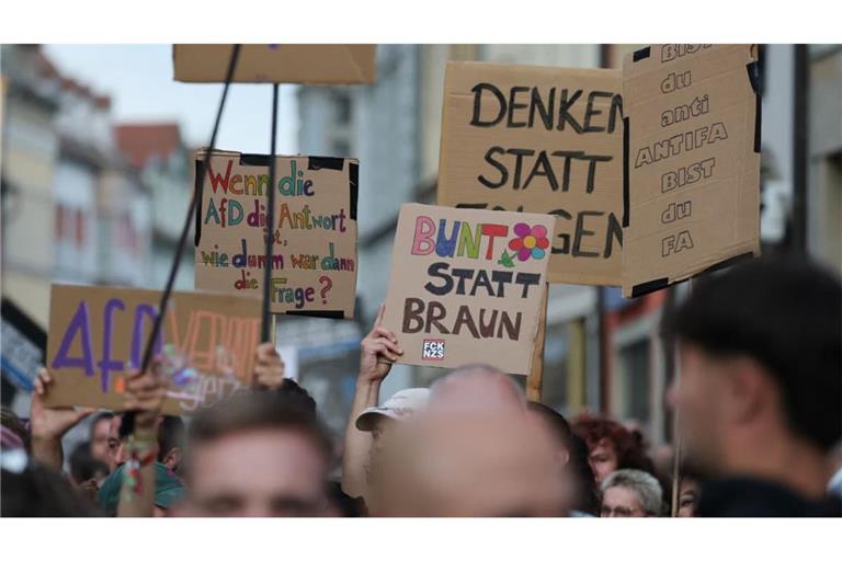Teilnehmer einer Gegendemonstration am Rande einer AfD-Wahlkampfveranstaltung.