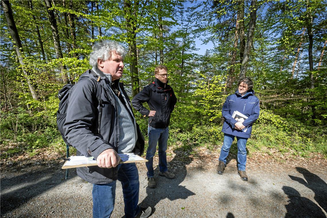 Artenschutzkartierung für Windkraftvorhaben im Gebiet Hörnle Thomas Klingseis (links) und Hendrik Turni (rechts) nehmen das Artenspektrum im Waldgebiet Hörnle ein Jahr lang genau unter die Lupe. Philip Gohl (Mitte) ist Projektleiter beim Unternehmen Uhl Windkraft, das hier drei Windkraftanlagen plant. Fotos: Alexander Becher