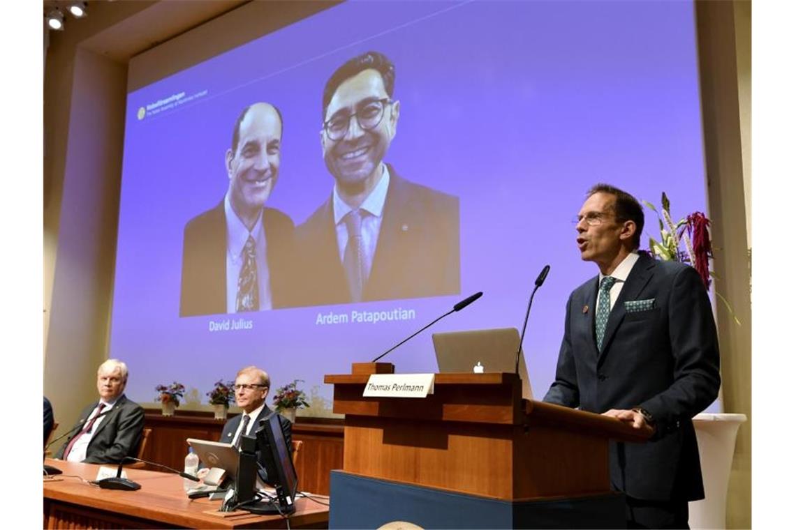 Thomas Perlmann, Sekretär der Nobelversammlung und des Nobelkomitees, verkündet die Gewinner des Nobelpreises für Physiologie oder Medizin 2021. Foto: Jessica Gow/Tt/TT NEWS AGENCY via AP/dpa