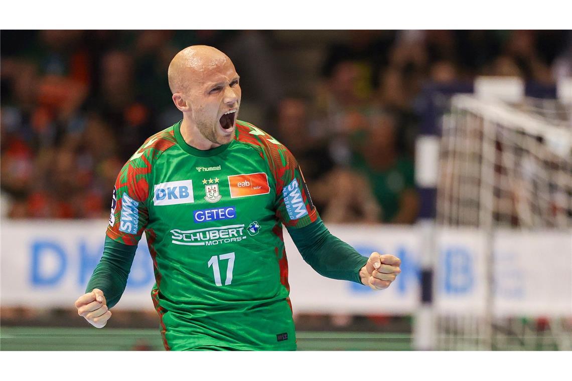 Tim Hornke vom SC Magdeburg reagiert beim Spiel gegen SG Flensburg-Handewitt.