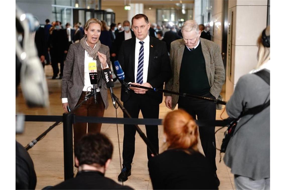 Tino Chupalla, AfD-Parteivorsitzender, zwischen Alice Weidel und Alexander Gauland. Foto: Kay Nietfeld/dpa