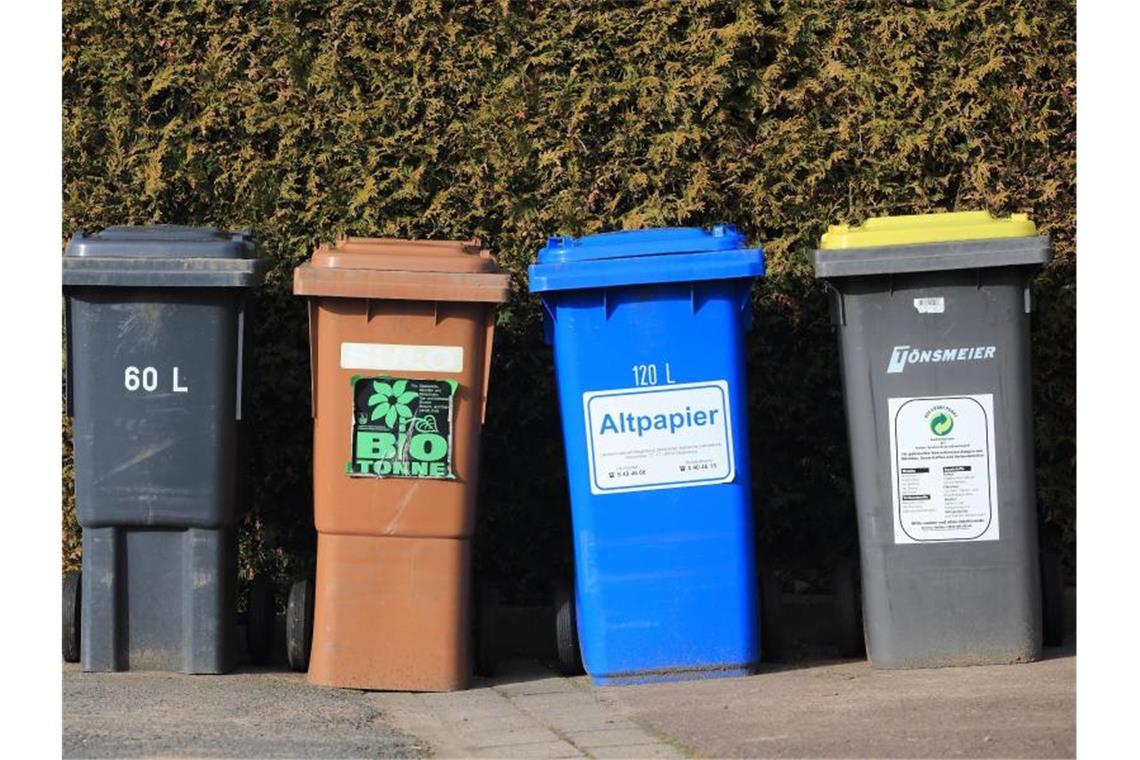 Tonnen für Hausmüll. Das Recycling stagniert in Deutschland. Foto: Jens Wolf/dpa-Zentralbild/dpa