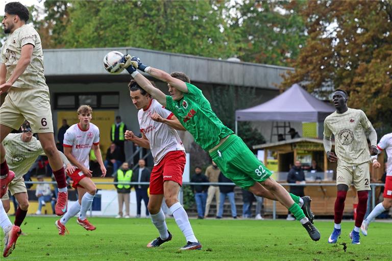 Torhüter Jérôme Rivas steht Fabijan Domic von der TSG stets im Weg. Deshalb reicht es Backnang nur zu einem Punkt. Foto: Alexander Hornauer