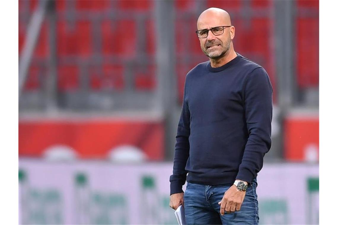 Trainer Peter Bosz von Leverkusen reagiert an der Seitenlinie. Foto: Marius Becker/dpa-Pool/dpa/Archivbild