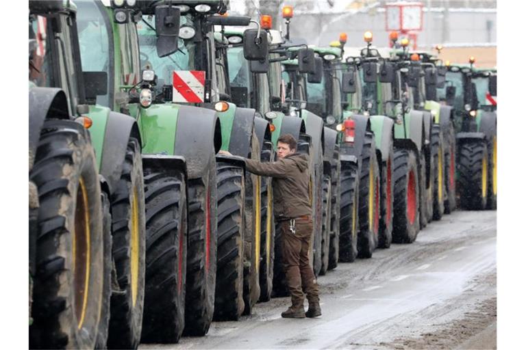 Traktoren stehen zu einem Protest auf einer Straße. Foto: Bernd Wüstneck/dpa-Zentralbild/dpa/Archivbild