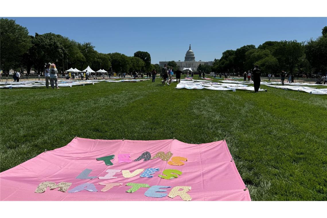Angst, Widerstand - Wie Transpersonen unter Trump leben „Trans Lives Matters“ - auf der National Mall vor dem Kapitol sind am ersten Tag der Worldpride verschiedene Banner zu sehen, auf denen die Rechte von Transpersonen eingefordert werden.