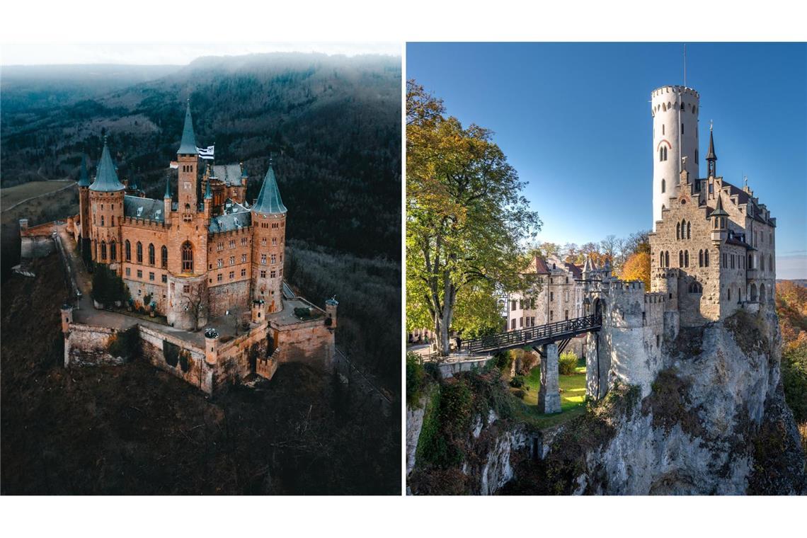 Traumhafte Burgen: Auf Burg Hohenzollern (re.) und Schloss Lichtenstein (li.) treibt keine böse Hexe wie im Märchen ihr Unwesen.