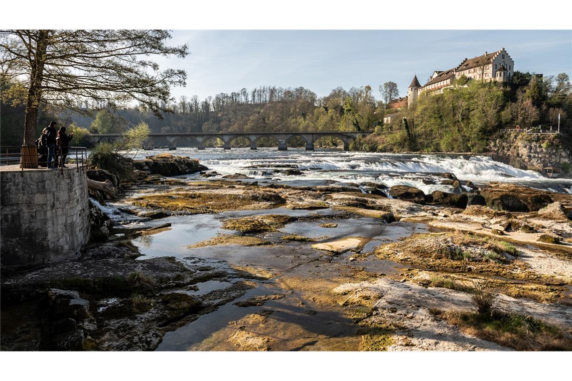 Bilder des Tages Trockenheit: Normalerweise beeindruckt der Rheinfall bei Schaffhausen in der Schweiz mit tobenden Wassermassen. Jetzt liegen hier die Steine trocken, weil es seit Wochen nur ganz wenig geregnet hat.