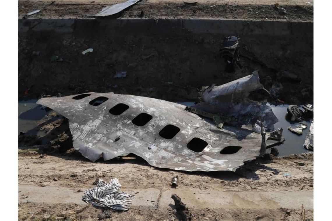 Trümmerteile der ukrainischen Passagiermaschine liegen am Absturzort. Foto: Rouzbeh Fouladi/ZUMA Wire/dpa