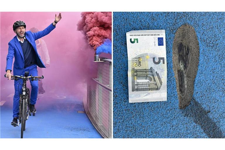 Tübingens OB Boris Palmer bei der Einweihung der Radbrücke im Oktober 2024 (li.). Jetzt gibt es ein etwa zehn Zentimeter großes Loch in der Fahrbahn.