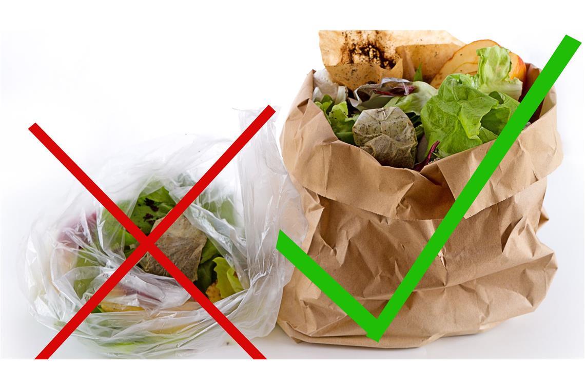 Biotonne – was darf rein, was nicht? Tüten aus Bioplastik sind in vielen Gemeinden verboten.