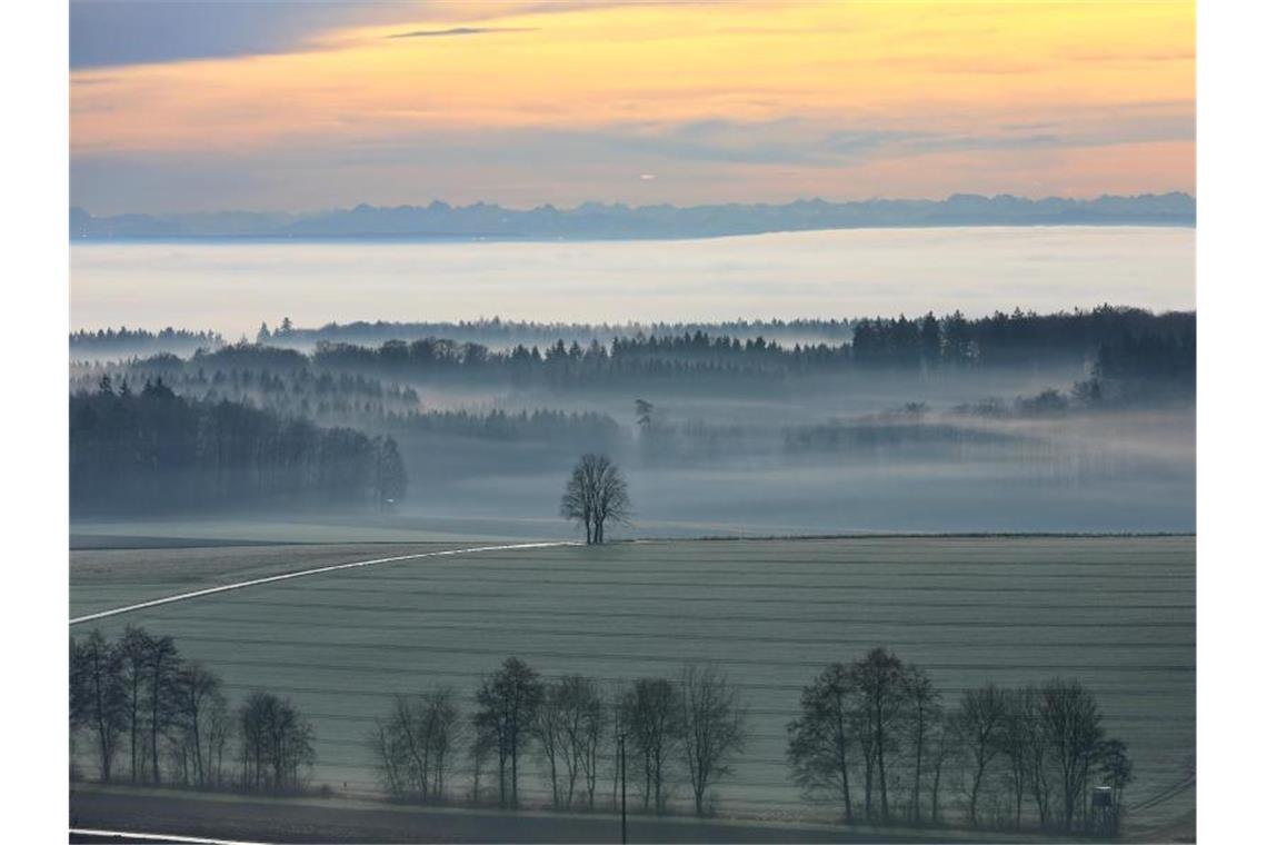 Milder Donnerstag im Südwesten Über Felder, Bäume und ein Nebelmeer geht der Blick von Erstetten, bei Blaubeuren, aus auf die Alpen. Foto: Ralf Zwiebler/dpa/Archivbild