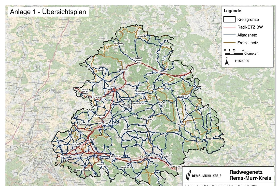 Übersichtsplan für das Radwegenetz im Rems-Murr-Kreis (Ausschnitt): Rot ist das Radnetz BW, blau sind die Alltags- und gelb die Freizeitstrecken.