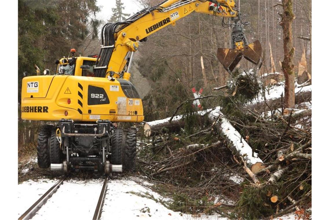 DWD: „Abflauen des Windes“ - Bahnverkehr beeinträchtigt Umgestürzte Bäume liegen auf den Gleisen der Harzer Schmalspurbahn. Foto: Matthias Bein/dpa-Zentralbild/ZB