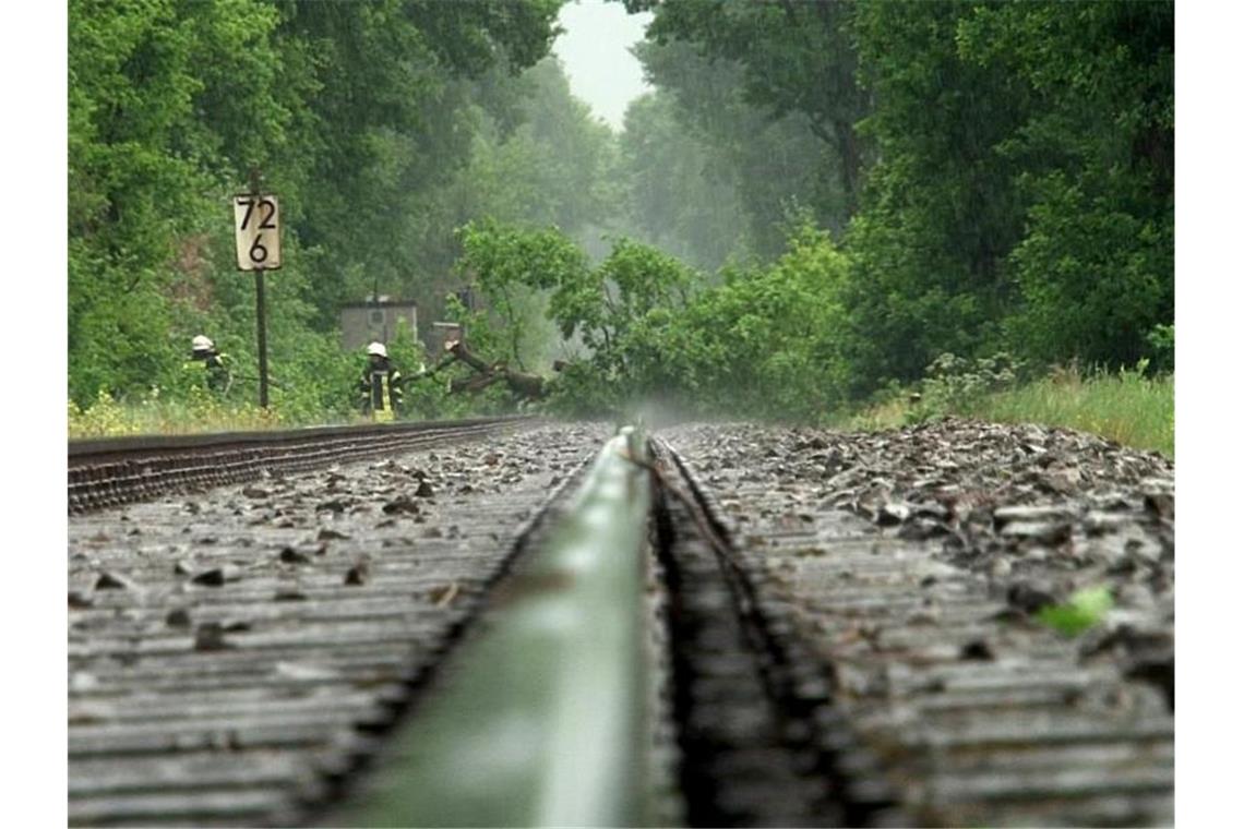 Umgestürzte Bäume werden von Einsatzkräften der Feuerwehr von Bahngleisen entfernt. Foto: -/Nord-West-Media TV/dpa/Archivbild