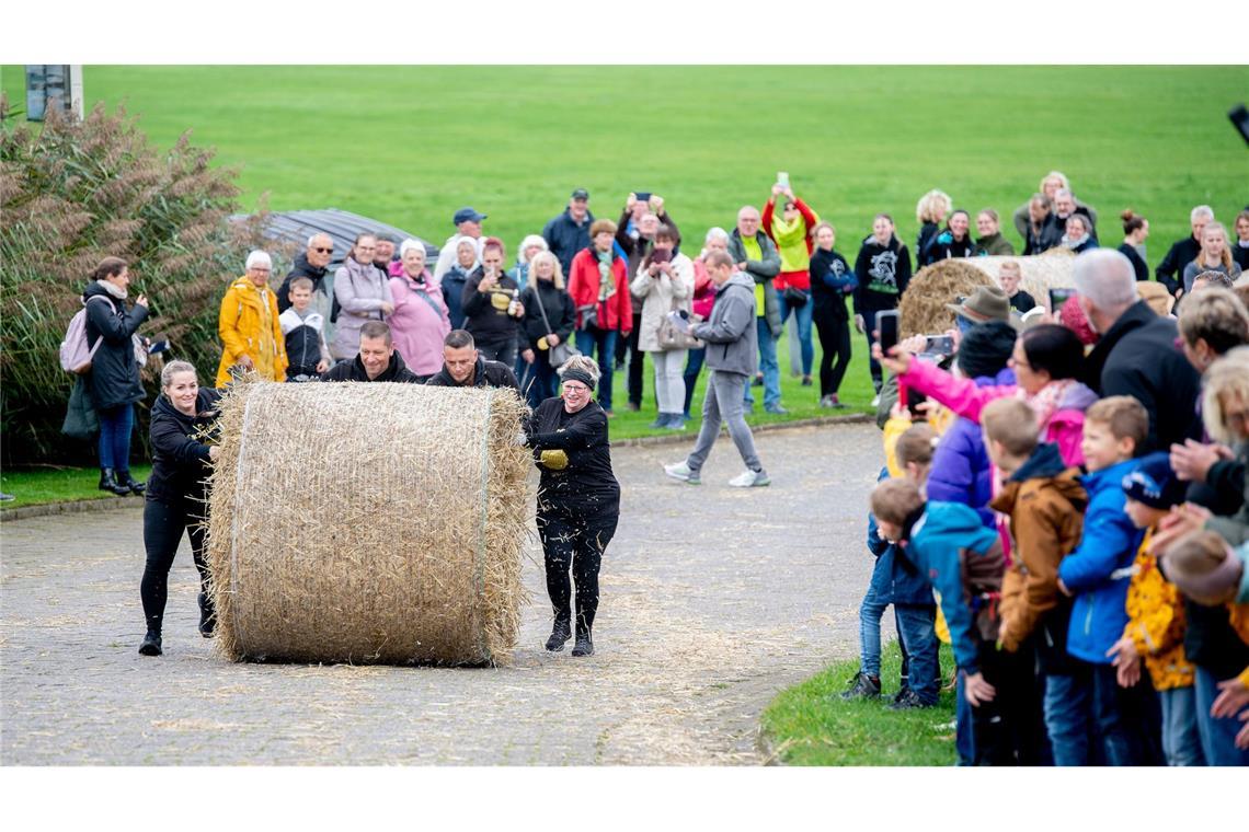 Bilder des Tages Und Action: Das Team "Die Strohstürmer" rollt bei der Strohballen-Rollmeisterschaft einen Strohballen den Deich hinauf.