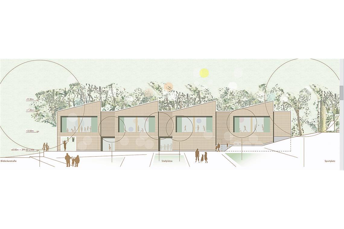 Kindergarten in Allmersbach im Tal soll mit Holz gebaut werden Und so soll es aussehen, wenn man rechts davon auf dem dort geplanten Parkplatz steht und in Richtung Backnanger Straße blickt.