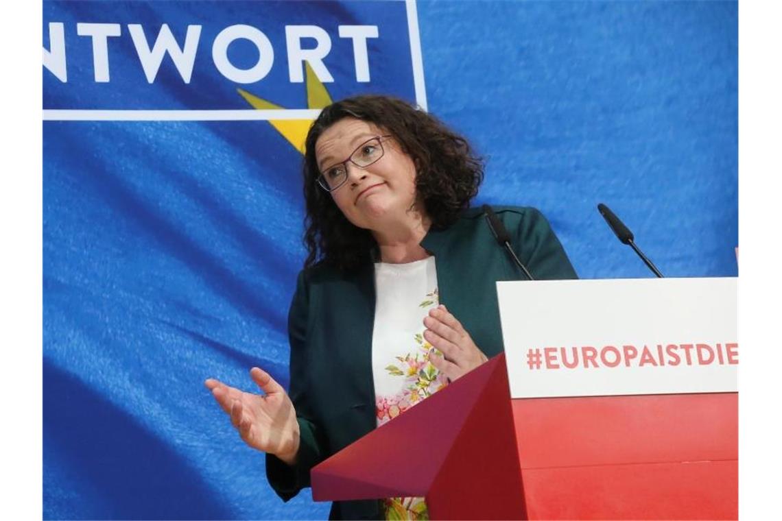 Und wieder eine schlechte Nachricht: SPD-Chefin Andrea Nahles äußert sich zum Debakel bei der Europawahl. Foto: Wolfgang Kumm