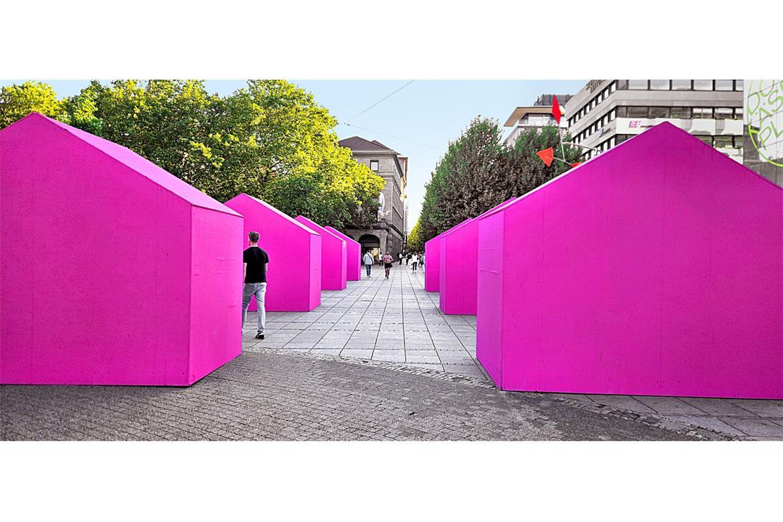 Ungewohntes Bild auf der Königstraße: Zwölf knallbunte Minihäuser versperren den Weg.